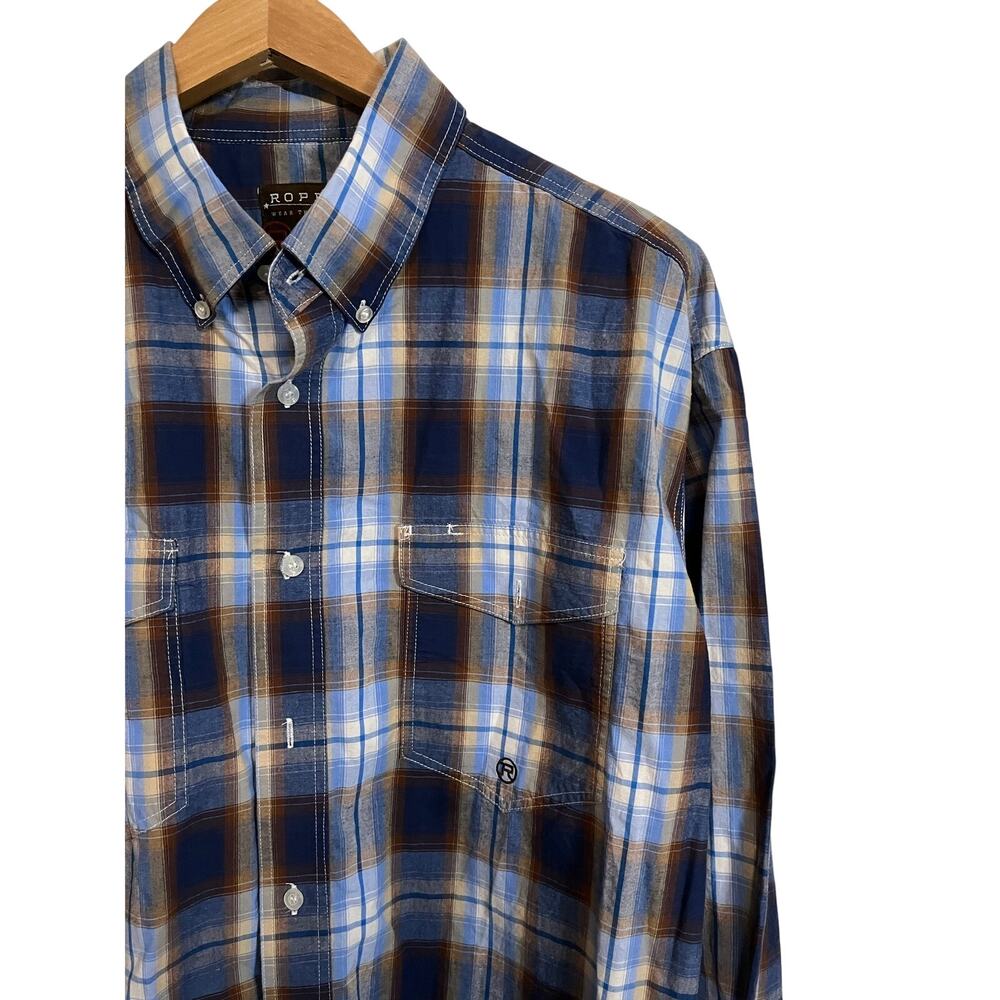 Roper Western Plaid Shirt Men Large Blue Brown Pearl Snap Cowboy Ranchwear